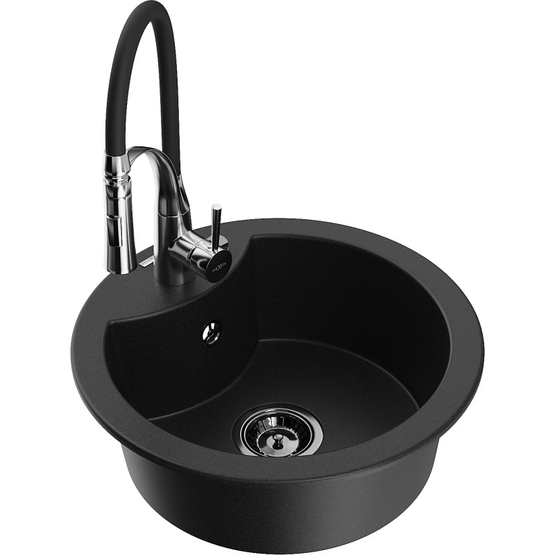 Mexen Diego 1-bowl granite sink with Aster kitchen faucet, black - 6512-77-73450-07-B