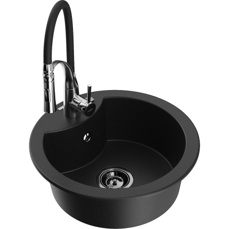 Mexen Diego granit sink 1-bowl with Aster kitchen faucet, black - 6512-77-73450-07-B