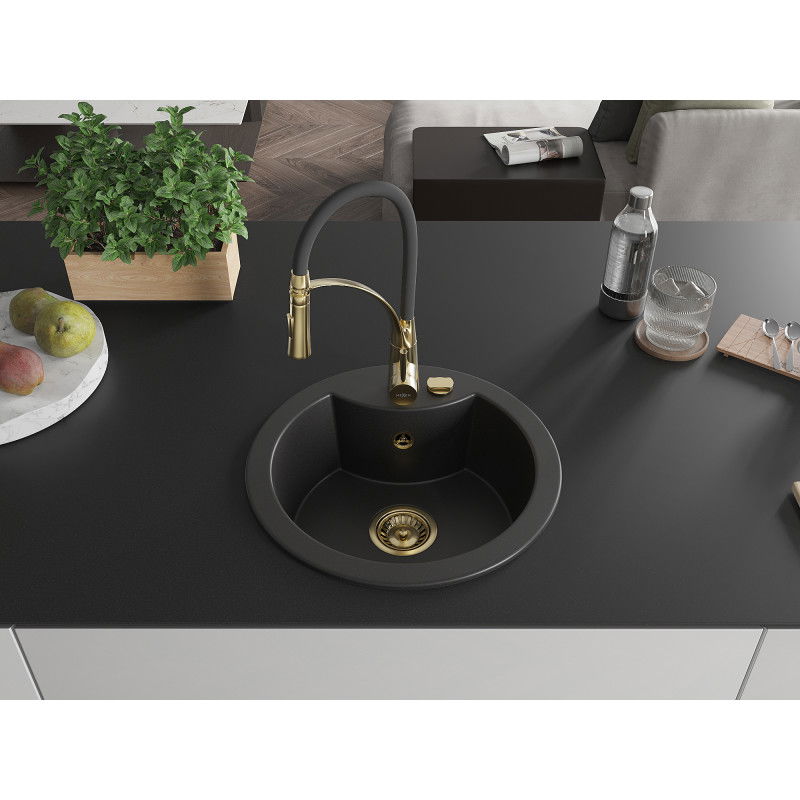 Mexen Diego granite sink with 1-bowl and Aster kitchen tap, black - 6512-77-73450-57-G