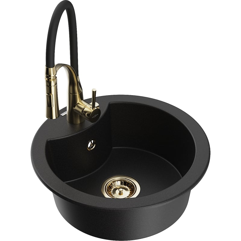 Mexen Diego granite kitchen sink single-bowl with Aster kitchen faucet, black - 6512-77-73450-57-G