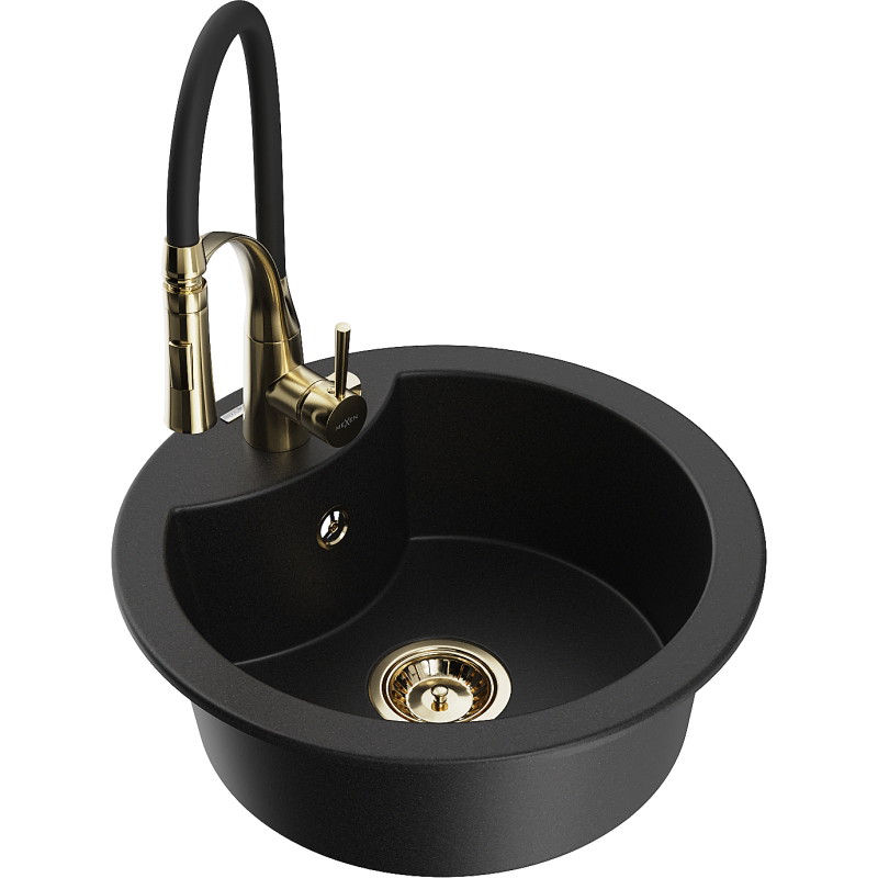 Mexen Diego granite sink 1-bowl with Aster kitchen faucet, black - 6512-77-73450-57-G