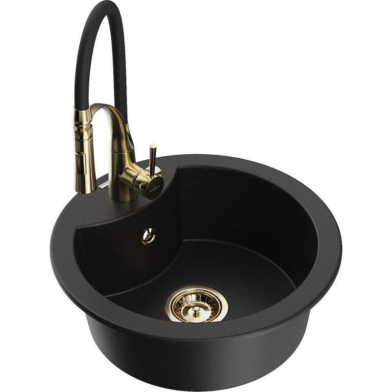 Mexen Diego granite sink with 1-bowl and Aster kitchen tap, black - 6512-77-73450-57-G