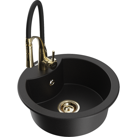 Mexen Diego granite kitchen sink single-bowl with Aster kitchen faucet, black - 6512-77-73450-57-G