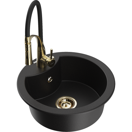 Mexen Diego granite sink 1-bowl with Aster kitchen faucet, black - 6512-77-73450-57-G