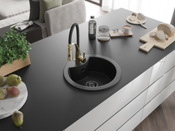 Mexen Diego 1-compartment granite sink with a kitchen mixer tap Aster, Black - 6512-77-73450-57-B