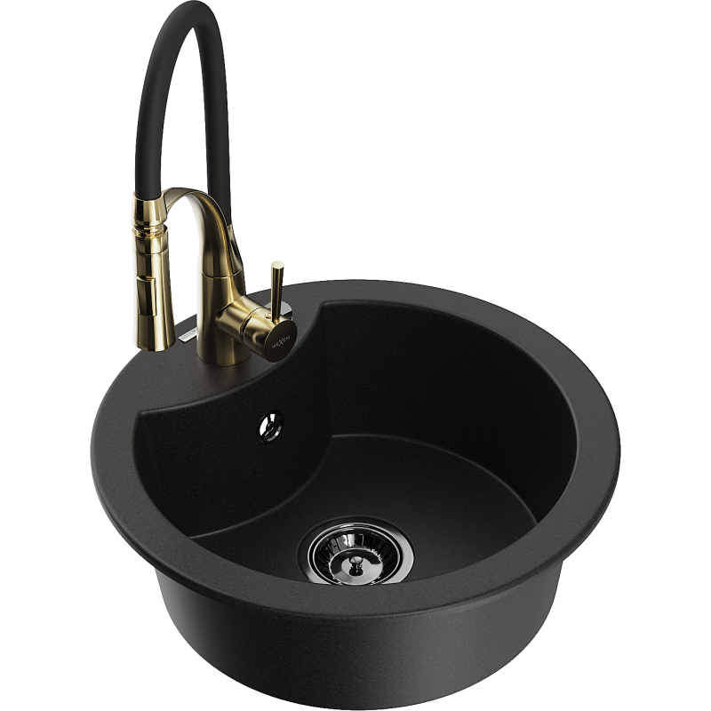Mexen Diego 1-compartment granite sink with a kitchen mixer tap Aster, Black - 6512-77-73450-57-B