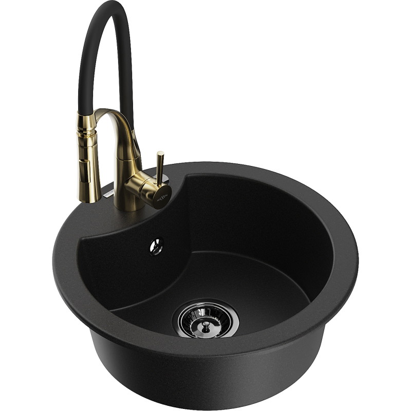 Mexen Diego granite kitchen sink 1-bowl with kitchen faucet Aster, black - 6512-77-73450-57-B