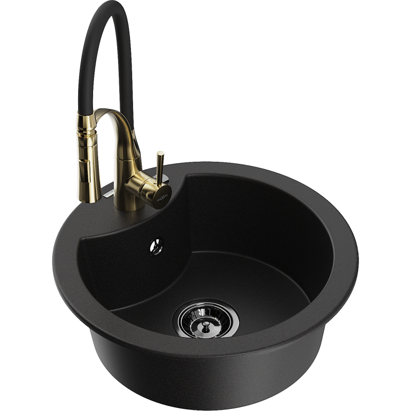 Mexen Diego Granite Sink 1-Bowl with Aster Kitchen Tap, Black - 6512-77-73450-57-B