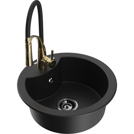 Mexen Diego Granite Sink 1-Bowl with Aster Kitchen Tap, Black - 6512-77-73450-57-B