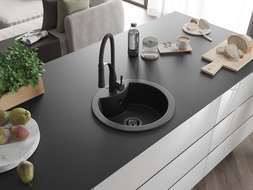 Mexen Diego 1-compartment granite sink with a kitchen mixer tap Aster, Black - 6512-77-73450-70-B