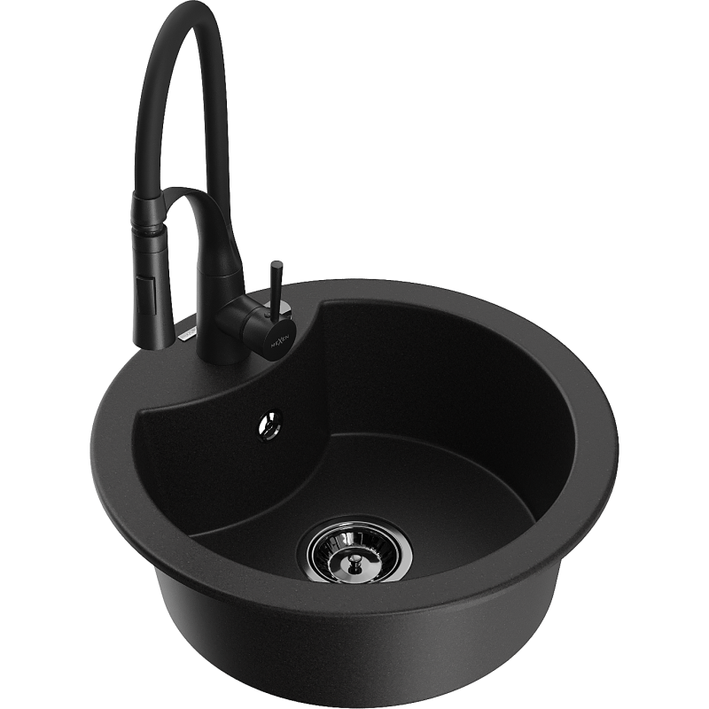 Mexen Diego 1-bowl granite kitchen sink with Aster tap, black - 6512-77-73450-70-B