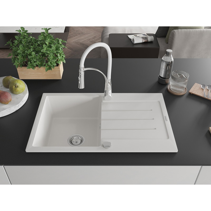Mexen Bruno 1-bowl granite sink with drainer and Aster kitchen faucet, white - 6513-20-73450-02