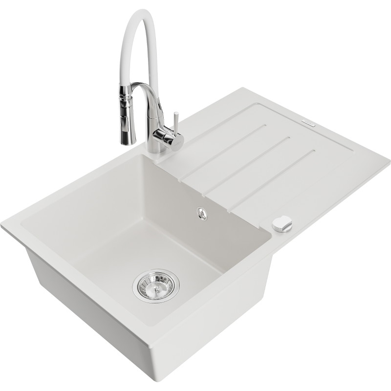 Mexen Bruno 1-bowl granite sink with drainer and Aster kitchen faucet, white - 6513-20-73450-02