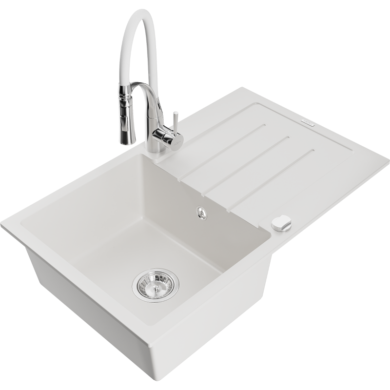 Mexen Bruno 1-compartment granite sink with a drip tray and kitchen mixer tap Aster, White - 6513-20-73450-02