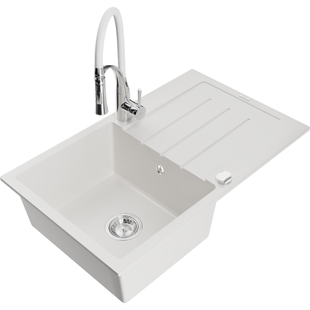 Mexen Bruno 1-bowl granite sink with drainer and Aster kitchen faucet, white - 6513-20-73450-02