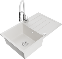 Mexen Bruno granite sink 1-bowl with drainer and Aster kitchen tap, white - 6513-20-73450-02