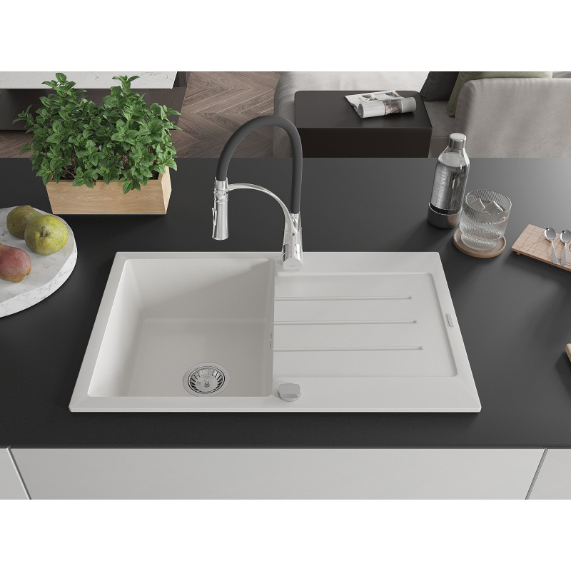 Mexen Bruno granite kitchen sink 1-bowl with drainer and kitchen faucet Aster, white - 6513-20-73450-07