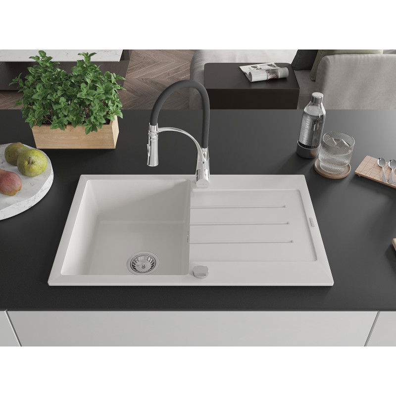 Mexen Bruno granite sink 1-bowl with drainer and Aster kitchen tap, white - 6513-20-73450-07