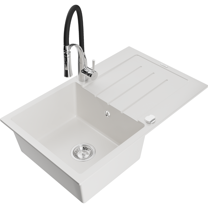 Mexen Bruno 1-compartment granite sink with a drip tray and kitchen mixer tap Aster, White - 6513-20-73450-07