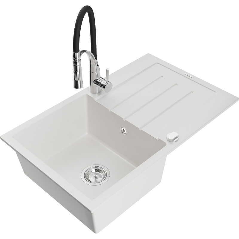 Mexen Bruno granite kitchen sink 1-bowl with drainer and kitchen faucet Aster, white - 6513-20-73450-07