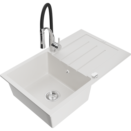Mexen Bruno 1-compartment granite sink with a drip tray and kitchen mixer tap Aster, White - 6513-20-73450-07