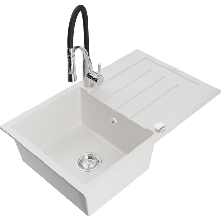 Mexen Bruno granite sink 1-bowl with drainer and Aster kitchen tap, white - 6513-20-73450-07