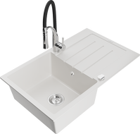 Mexen Bruno granite sink 1-bowl with drainer and Aster kitchen tap, white - 6513-20-73450-07