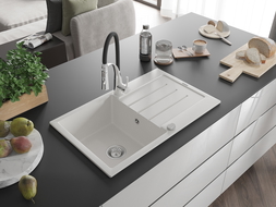 Mexen Bruno 1-compartment granite sink with a drip tray and kitchen mixer tap Aster, White - 6513-20-73450-07