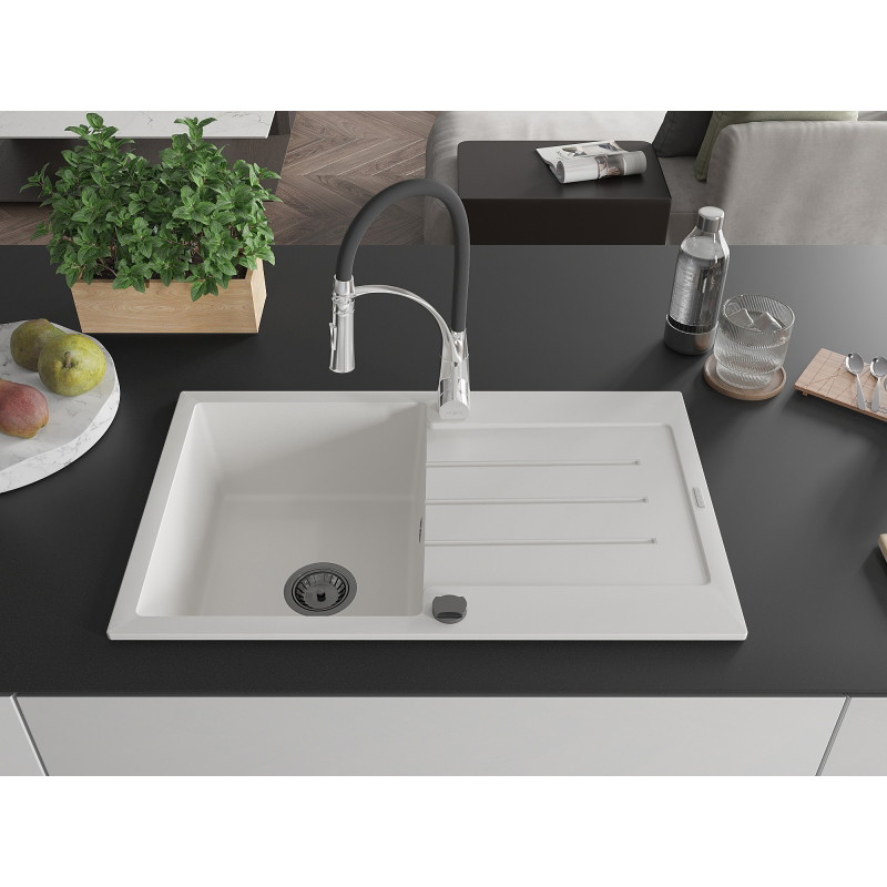 Mexen Bruno granite kitchen sink 1-bowl with drainer and kitchen faucet Aster, white - 6513-20-73450-07-B