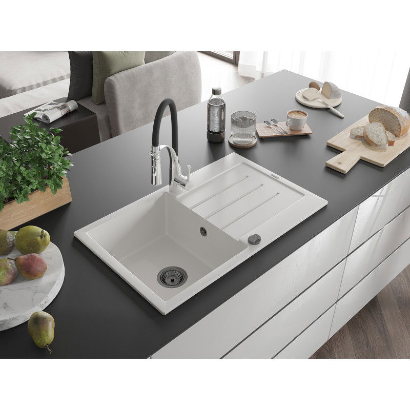 Mexen Bruno granite sink 1-bowl with drainer and Aster kitchen tap, white - 6513-20-73450-07-B