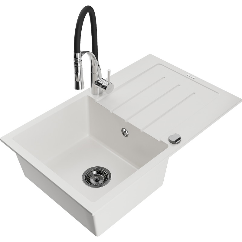 Mexen Bruno granite kitchen sink 1-bowl with drainer and kitchen faucet Aster, white - 6513-20-73450-07-B