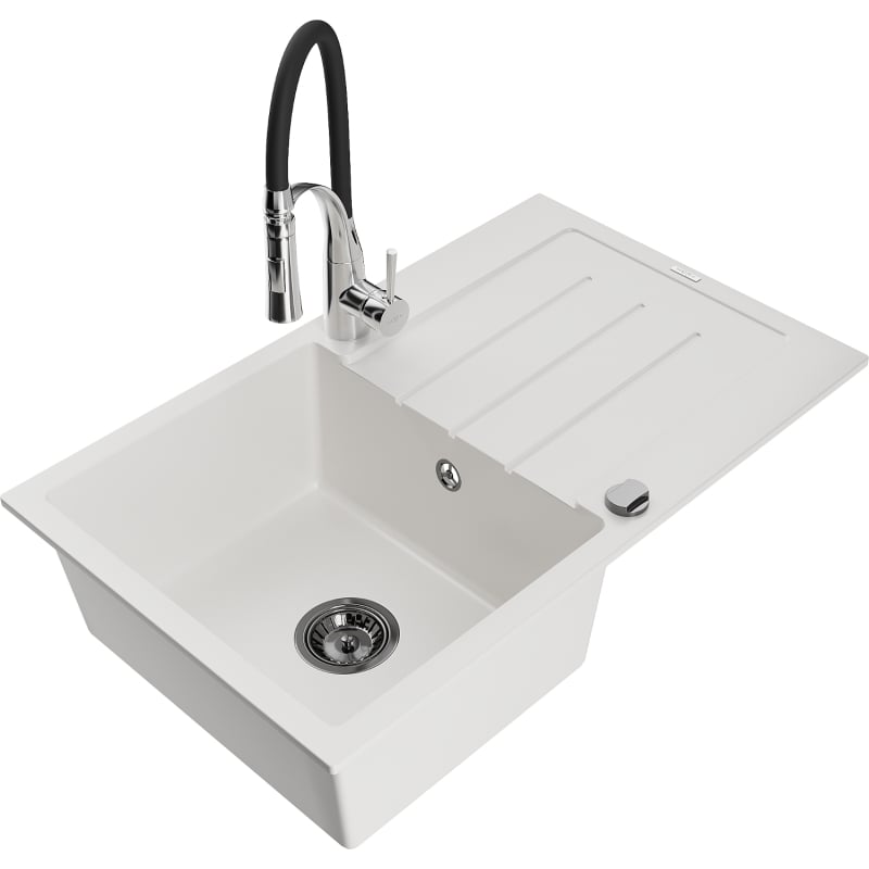Mexen Bruno granite kitchen sink with 1 compartment, drainer, and Aster kitchen faucet, white - 6513-20-73450-07-B