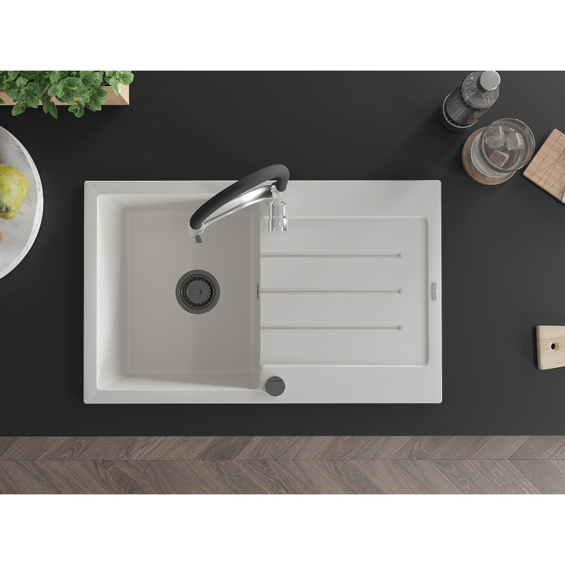 Mexen Bruno granite kitchen sink 1-bowl with drainer and kitchen faucet Aster, white - 6513-20-73450-07-B