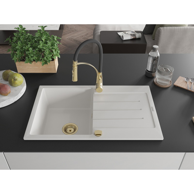 Mexen Bruno 1-bowl granite sink with drainer and Aster kitchen faucet, white - 6513-20-73450-57-G
