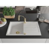 Mexen Bruno 1-bowl granite sink with drainer and Aster kitchen faucet, white - 6513-20-73450-57-G