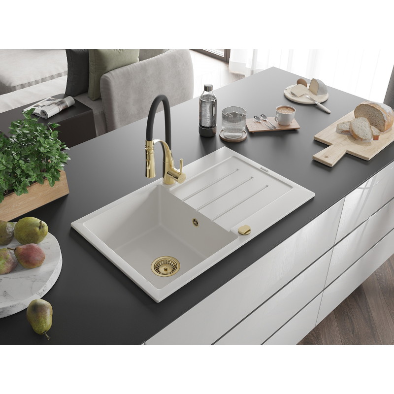 Mexen Bruno 1-bowl granite sink with drainer and Aster kitchen faucet, white - 6513-20-73450-57-G