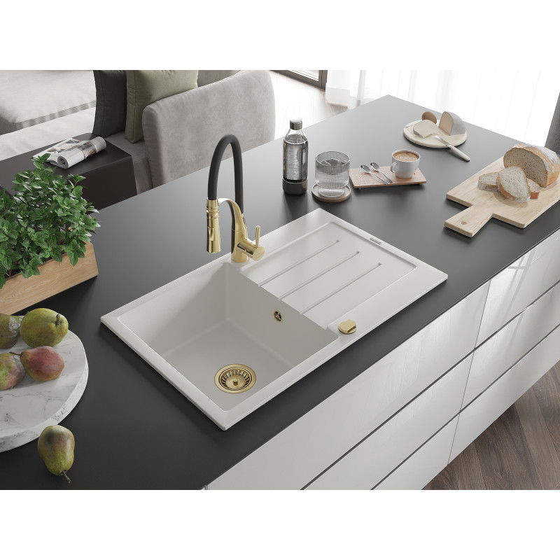 Mexen Bruno granite sink 1-bowl with drainer and Aster kitchen tap, white - 6513-20-73450-57-G