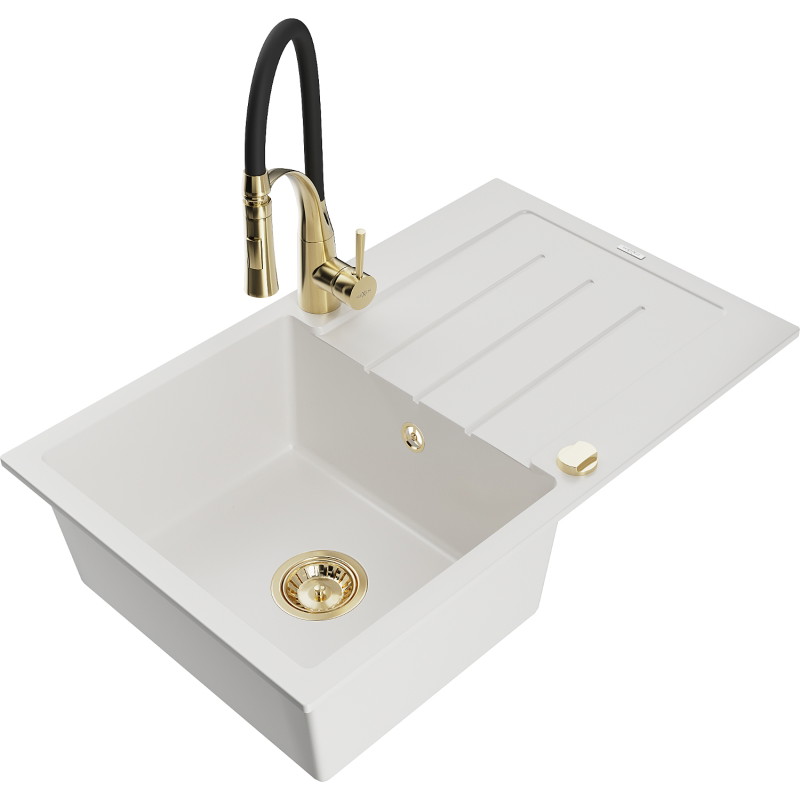 Mexen Bruno Granite Kitchen Sink 1-Bowl with Drainer and Aster Kitchen Faucet, White - 6513-20-73450-57-G