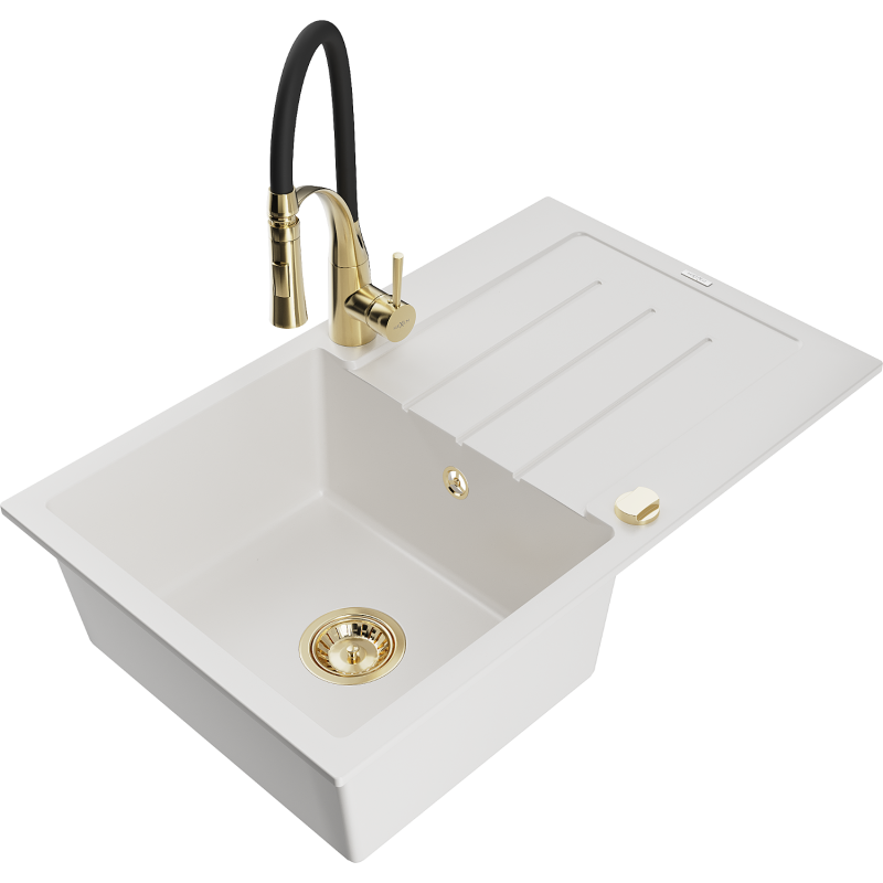 Mexen Bruno granite sink 1-bowl with drainer and Aster kitchen tap, white - 6513-20-73450-57-G