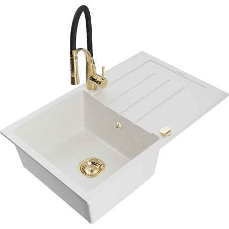 Mexen Bruno Granite Kitchen Sink 1-Bowl with Drainer and Aster Kitchen Faucet, White - 6513-20-73450-57-G
