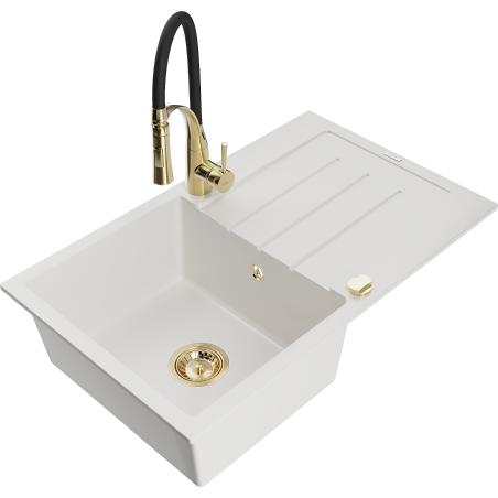 Mexen Bruno granite sink 1-bowl with drainer and Aster kitchen tap, white - 6513-20-73450-57-G