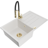 Mexen Bruno Granite Kitchen Sink 1-Bowl with Drainer and Aster Kitchen Faucet, White - 6513-20-73450-57-G