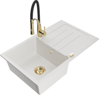 Mexen Bruno Granite Kitchen Sink 1-Bowl with Drainer and Aster Kitchen Faucet, White - 6513-20-73450-57-G