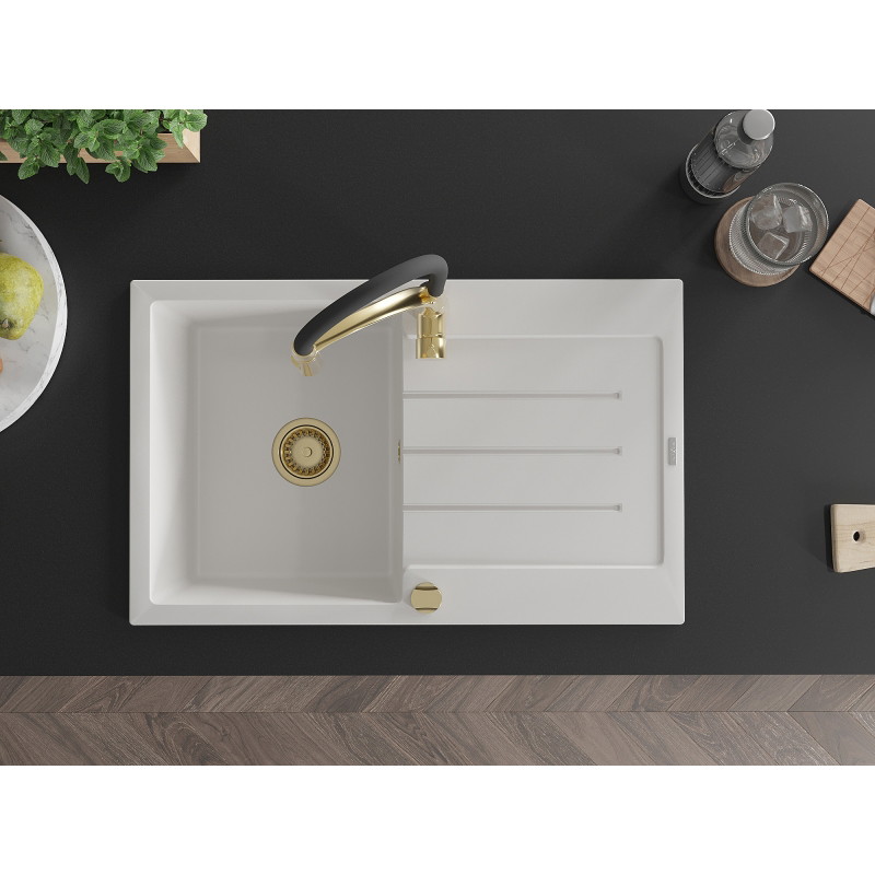 Mexen Bruno 1-bowl granite sink with drainer and Aster kitchen faucet, white - 6513-20-73450-57-G