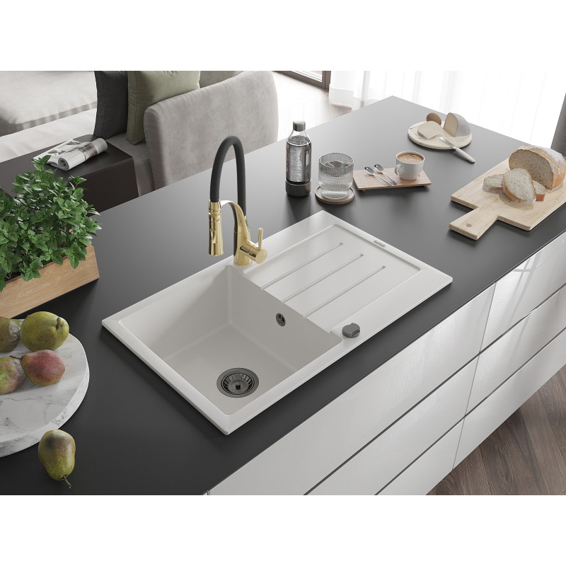 Mexen Bruno 1-bowl granite sink with drainer and Aster kitchen faucet, white - 6513-20-73450-57-B