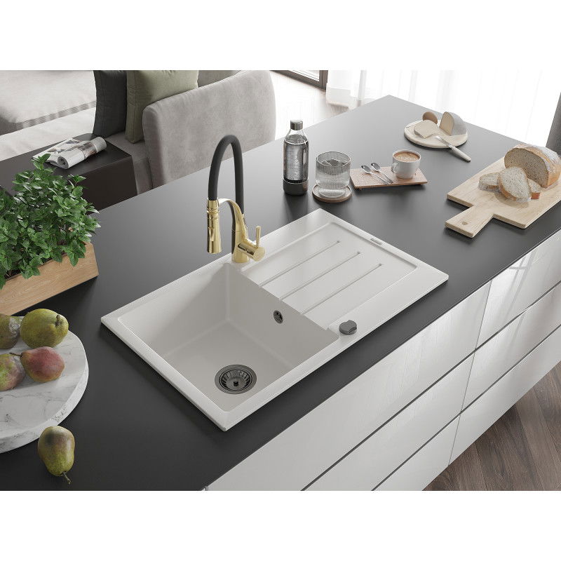 Mexen Bruno 1-bowl granite sink with drainer and Aster kitchen tap, white - 6513-20-73450-57-B