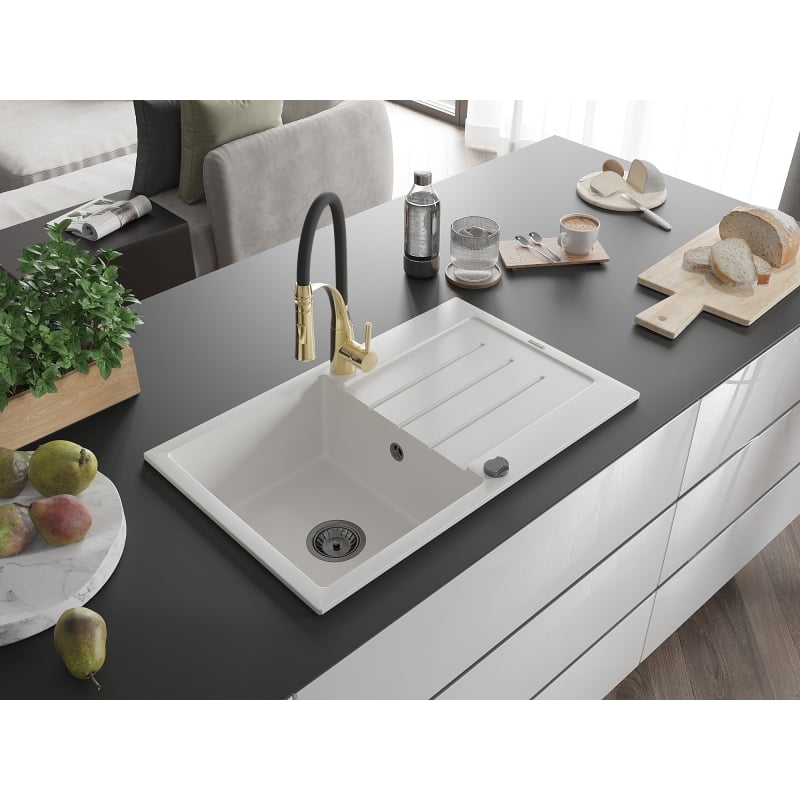 Mexen Bruno granite 1-bowl sink with drainer and Aster kitchen faucet, white - 6513-20-73450-57-B