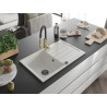 Mexen Bruno granite 1-bowl sink with drainer and Aster kitchen faucet, white - 6513-20-73450-57-B