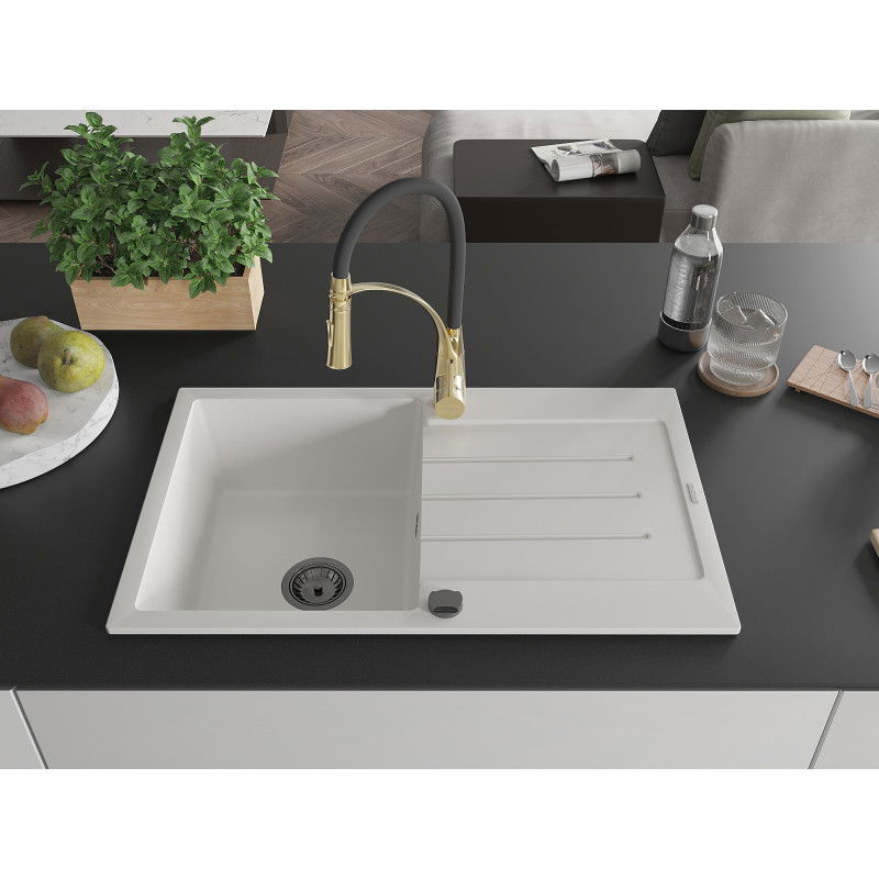 Mexen Bruno 1-bowl granite sink with drainer and Aster kitchen tap, white - 6513-20-73450-57-B