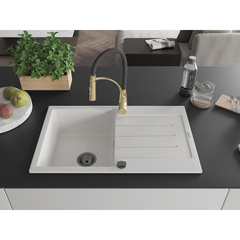Mexen Bruno granite 1-bowl sink with drainer and Aster kitchen faucet, white - 6513-20-73450-57-B